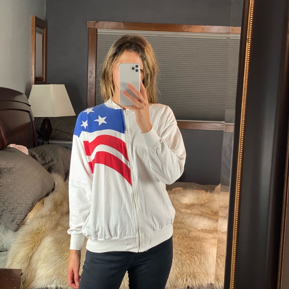 Vintage USA Flag Long Sleeve Zip-Up Swaetshirt, Size Large -X-Large